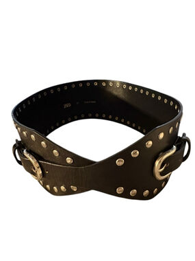 Zara NWT black leather wide belt with silver studs